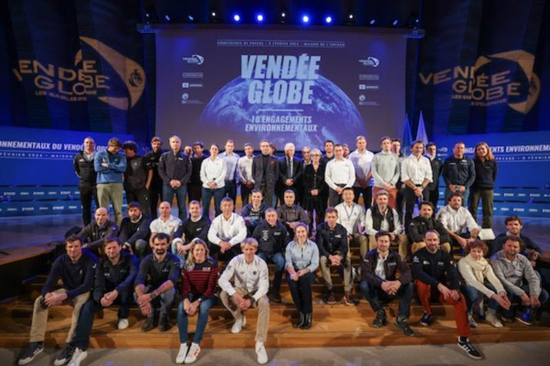 Skippers and officials are pictured during the press conference of the solo sailing race Vendee Globe, at UNESCO headquarters photo copyright Jean-Marie Liot / Alea / Vendee Globe taken at 