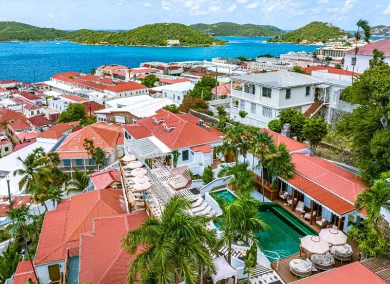 The Pink Palm, foreground with pool, with Charlotte Amalie harbor beyond - photo © The Pink Palm