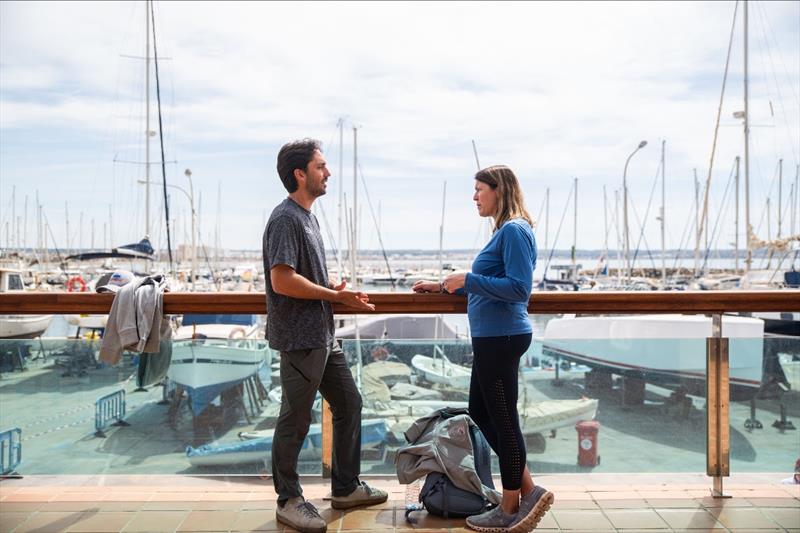 USST Sport Psychologist Jessica Mohler meets with new USST Women's iQFOiL coach Pedro Pascual at the Can Pastilla Marina photo copyright US Sailing Team taken at Real Club Náutico de Palma