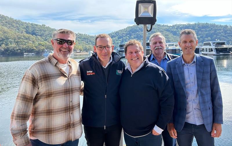 Minister Steve Dimopoulos, wearing the Better Boating Victoria jacket, is photographed with BIAV's president Scott O'Hare, Board member Daved Lambert, LEHIA president Mike Dalmau, and BIAV CEO Steve Walker photo copyright Boating Industry Association of Victoria taken at 