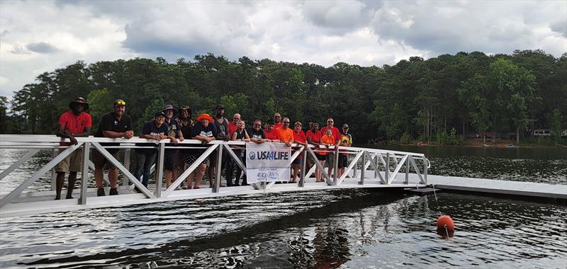 Union Sportsmen's Alliance volunteers from SMART Local 85 and IBEW Local 613 standing on the newly installed AccuDock gangway at Lake Allatoona photo copyright Union Sportsmen's Alliance taken at 