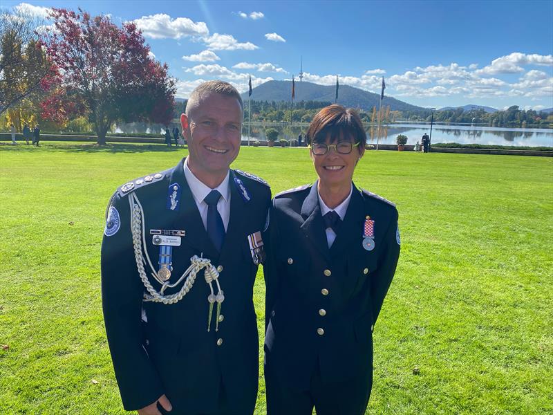 Marine Rescue NSW Commissioner Alex Barrell and Marine Rescue Bermagui volunteer Caron Parfitt ESM photo copyright Marine Rescue NSW taken at 