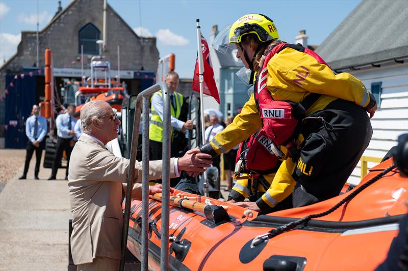 His Majesty meeting RNLI volunteers during a simulated rescue at Walmer photo copyright Dover Media Group / RNLI taken at 