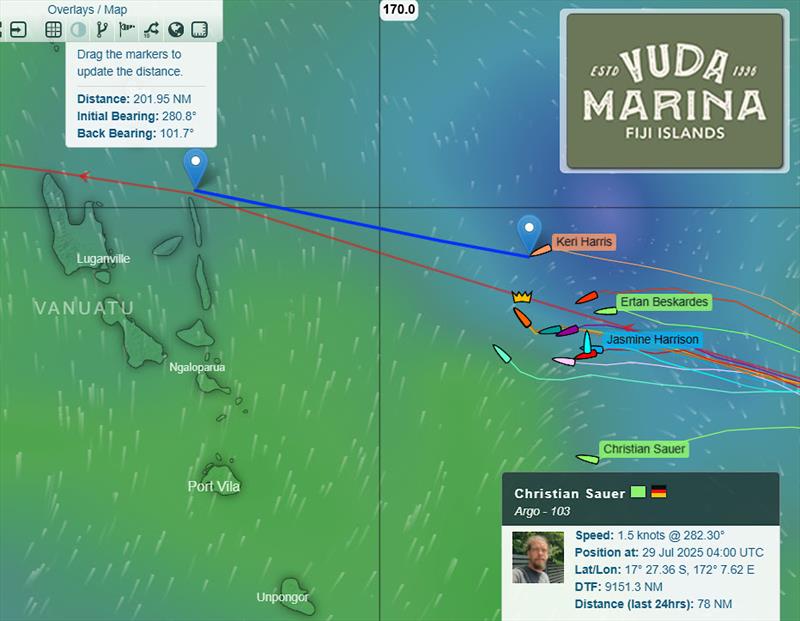 Half way between FIJI and VANUATU and the fleet is becalmed waiting for a SW front to push them forward 1800 miles to Australia - photo © McIntyre Mini Globe Race