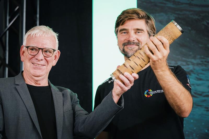 Toste Tanhua, Boris Herrmann, skipper of Team Malizia, and Ulf KÅ mpfer with the NatureÃ•s Baton at the Ocean Race Summits Kiel during the Ocean Race Europe in Kiel, Germany on August 07 - photo © Vincent Curutchet / The Ocean Race Europe 2025