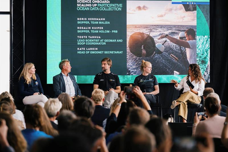 Kate Larkin, Toste Tanhua , Boris Herrmann, skipper of Team Malizia, Rosalin Kuiper, skipper of Team Holcim - PRB, and Arianna Liconti talking at the Ocean Race Summits Kiel during the Ocean Race Europe in Kiel, Germany on August 07 - photo © Vincent Curutchet / The Ocean Race Europe 2025