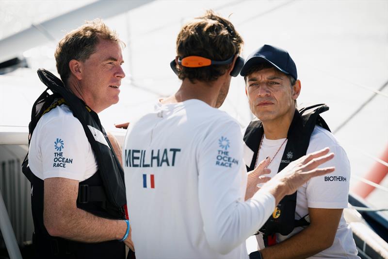 Dr. Ulf Kampfer with Paul Meilhat, skipper of Biotherm, at the start of the runs during the Ocean Race Europe in Kiel, Germany - photo © Vincent Curutchet / The Ocean Race Europe 2025