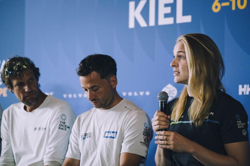 Paul Meilhat, skipper of Biotherm, Ambrogio Beccaria, skipper of Allagrande Mapei Racing, Rosalin Kuiper, skipper of Team Holcim - PRB, during the skippers press conference of the Ocean Race Europe in Kiel, Germany on August 08 - photo © Vincent Curutchet / The Ocean Race Europe 2025