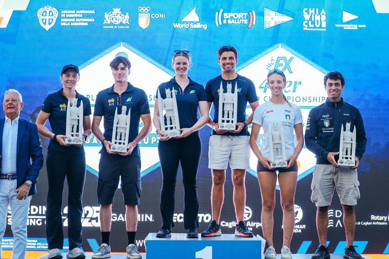 Junior (U24) World Championship Podium - (left to right) Silver to Sarah Hoffman and Archie Gargett (AUS), Gold to Rhiannan Brown and Brin Liddel (AUS), Bronze to Caterina Sedmak and Federico Figlia di Granara (ESP) - photo © Sailing Energy