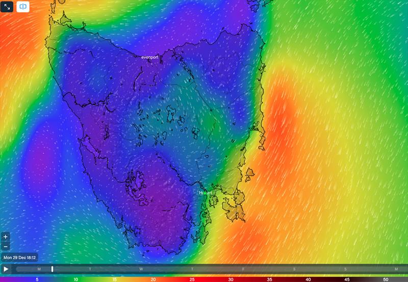 'The Pocket' (now expanded and intesified) off the East Coast of Tasmania on 29/12/25 at 1812hrs local - photo © Predictwind.com