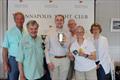 L-R: Paul `Bo` Bollinger, CRAB President & CEO; Michael Manuzack, CRAB Volunteer Skipper; Christopher Carbery, 1st Place; Peter Gordon, Race Committee PRO; Amy Harris, CRAB Volunteer Crew; Secretary Carol Beatty, Department of Disabilities &copy; CRAB Sailing
