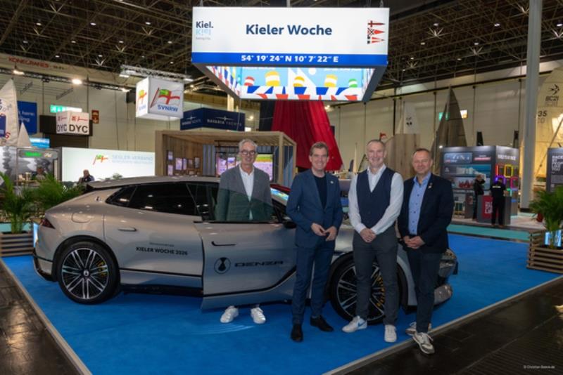 Hauke Berndt from KYC (right) and Lord Mayor Ulf Kämpfer (2nd from left) sealed premium  partnerships for Kieler Woche 2026 with Burghard Weller (left), head of the WELLER car dealership group, and Klaus Hartmann from DENZA (2nd from right) photo copyright Christian Beeck / Kieler Woche taken at Kieler Yacht Club