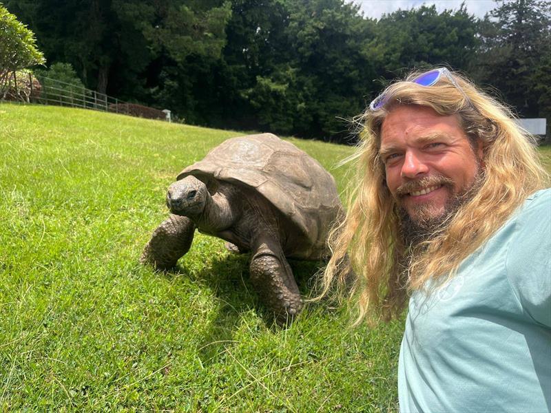 #MGR2025 Skipper Christian Sauer meets “Jonathan” at the St Helena pitstop. Jonathan still loves to eat, bask in the sun, and slowly explore his enclosure under expert care. His remarkable lifespan remains a powerful symbol of resilience and longevity - photo © Christian Sauer / MGR2025
