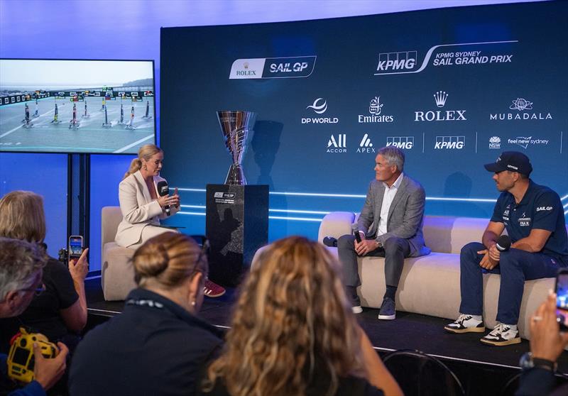 Host Sam Squiers talks with Sir Russell Coutts, SailGP CEO, and Quentin Delapierre, driver of DS Automobiles SailGP Team France, during the pre-event press conference ahead of the KPMG Australia Sail Grand Prix - photo © Andrew Baker for SailGP