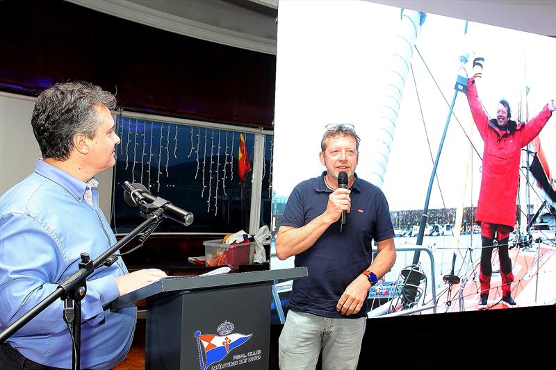 Marco Nannini talking to the winning Skipper, Global Solo Challenge, 2023-2024 Philippe Delamare photo copyright Marta Domínguez taken at Real Club Náutico de Vigo