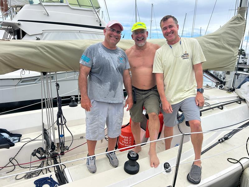 That just-arrived from Puerto Rico in 13 hours look! Antonio Mari and crew will fly back home then return in time for the 3-day BVI Spring Regatta - photo © Michelle Slade / BVISR