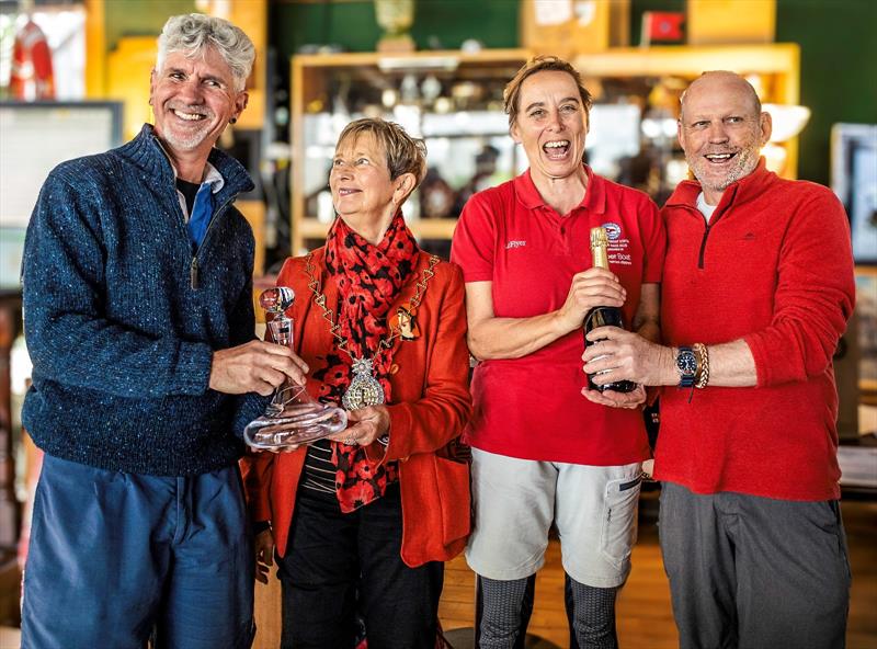 (l-r) John Barnard, skipper of LoFlyer; Mayor of Greenwich Cllr Linda Bird; Timandra Harkness; Sean Collins photo copyright Clive Reffell taken at Greenwich Yacht Club