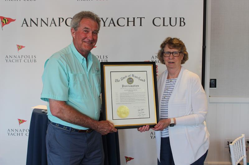 Paul `Bo` Bollinger, CRAB President & CEO, receives the Adaptive Boating Month Proclamation from Secretary Carol Beatty - photo © CRAB Sailing