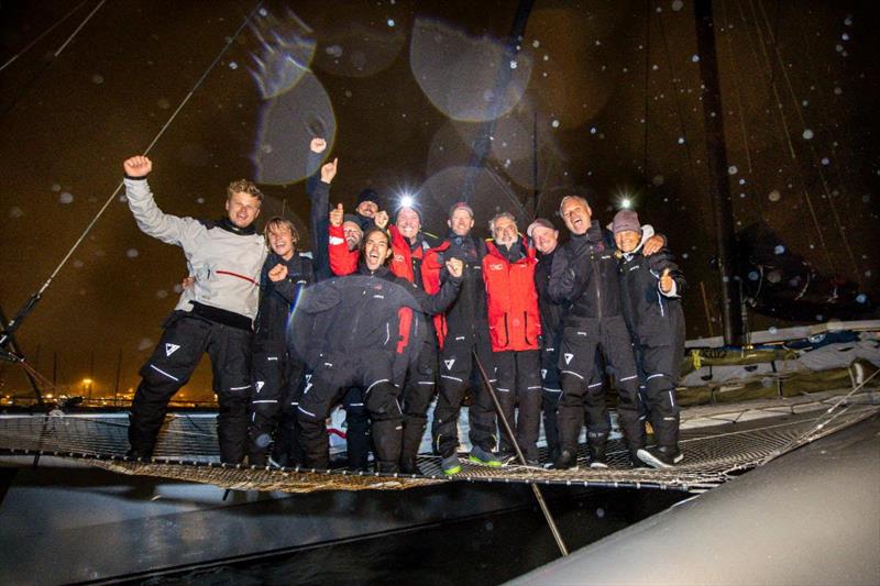 Owner Adrian Keller and crew celebrate their victory in the MOCRA multihull class - 50th Rolex Fastnet Race 2023 photo copyright Paul Wyeth / pwpictures.com taken at Royal Ocean Racing Club and featuring the MOCRA class