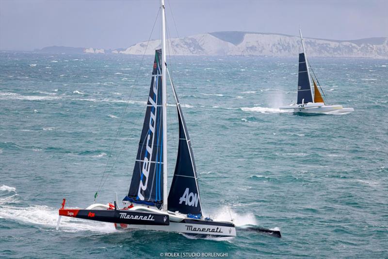 Giovanni Soldini's Multi70 Maserati and Jason Carroll's MOD 70 Argo exit the Solent in the Rolex Fastnet Race - photo © Carlo Borlenghi / Rolex