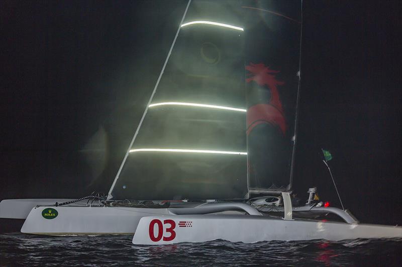 MOD Beau Geste at the finish of the Rolex China Sea Race 2018 photo copyright Rolex / Daniel Forster taken at Royal Hong Kong Yacht Club and featuring the MOD70 class