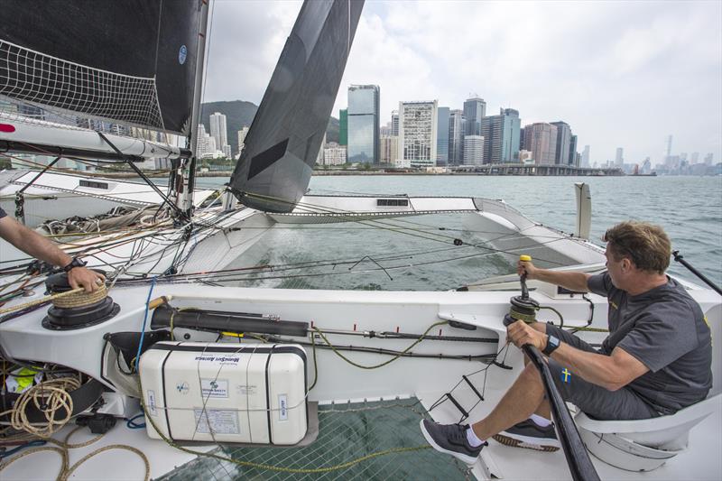 Breaking all the speed limits in HK harbour, even if it doesn't look like it! MOD Beau Geste photo copyright Guy Nowell taken at  and featuring the MOD70 class