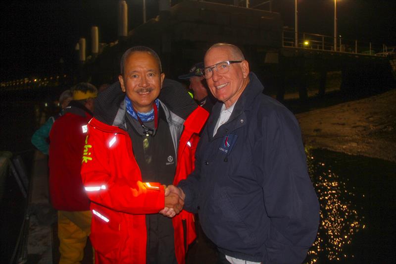 Owner Kark Kwok being congratulated by MYCQ Commodore Bruce Wieland - 55th Brisbane to Gladstone Multihull Yacht Race 2019 - photo © Chris Dewar