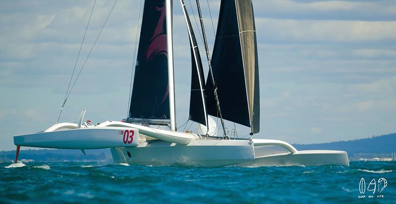 Beau Geste MOD70 line honours winner in the Lendlease Brisbane to Hamilton Island Yacht Race photo copyright Mitch Pearson / Surf Sail Kite taken at Royal Queensland Yacht Squadron and featuring the MOD70 class