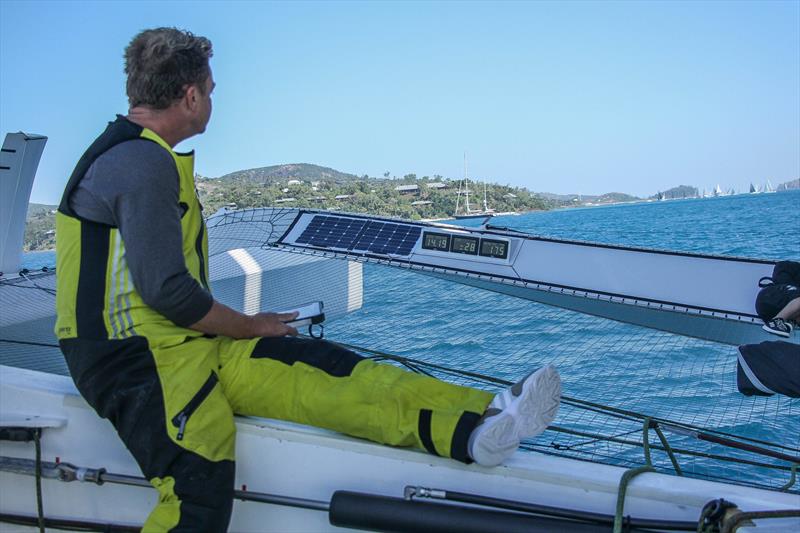 Matt Humphries watching for traffic approaching the finish line - Beau Geste - Day 5 - Hamilton Island Race Week, August 23, 2019 photo copyright Richard Gladwell taken at Hamilton Island Yacht Club and featuring the MOD70 class