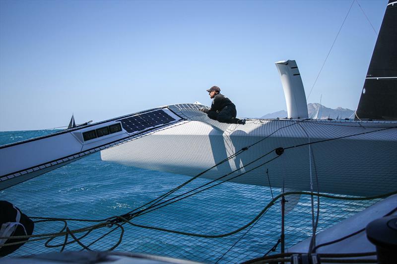 'Disco' in his perch on the windward hull - Beau Geste - Day 5 - Hamilton Island Race Week, August 23, 2019 photo copyright Richard Gladwell taken at Hamilton Island Yacht Club and featuring the MOD70 class