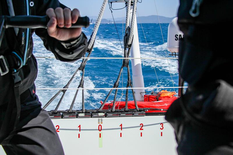 Even though the true wind is well aft the main traveler is near centre due to the direction of the apparent wind - Beau Geste - Day 5 - Hamilton Island Race Week, August 23, 2019 photo copyright Richard Gladwell taken at Hamilton Island Yacht Club and featuring the MOD70 class