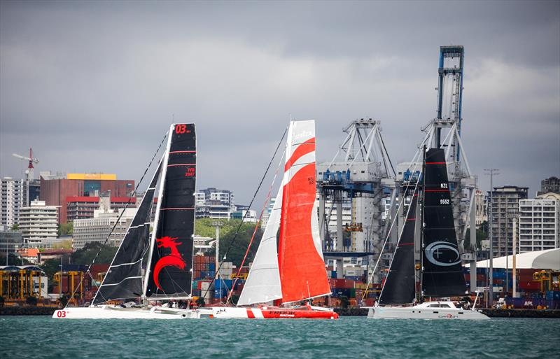 The MOD70, Beau Geste (black sails) is expected to take line honours given the forecast for Friday's PIC Coastal Classic Race photo copyright PIC Coastal Classic taken at  and featuring the MOD70 class