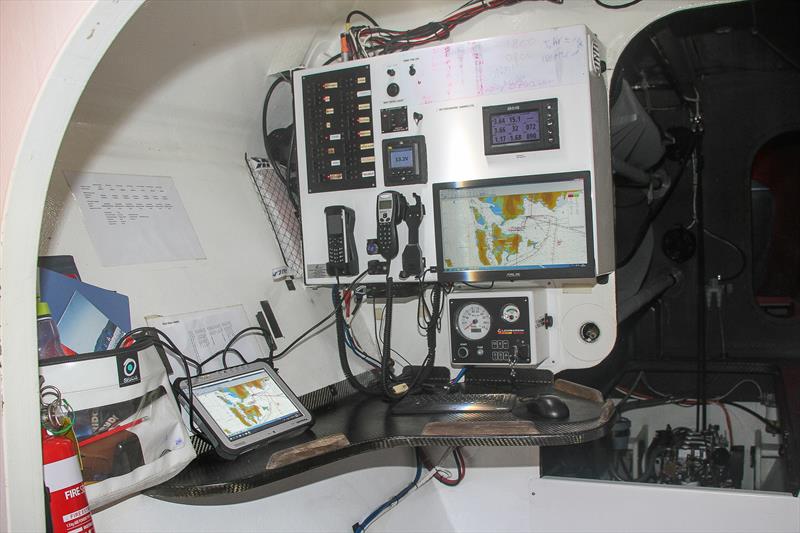 Carrington Brady's `office` below decks on Beau Geste - Hamilton Island Race Week photo copyright Richard Gladwell / Sail-World.com taken at Hamilton Island Yacht Club and featuring the MOD70 class