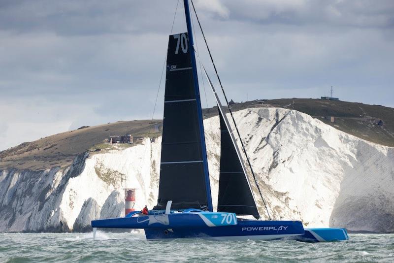 MOD70 PowerPlay racing team skippered by Peter Cunningham and Ned Collier, shown here as they started their Fastnet Course world record attempt. - photo © Lloyd Images