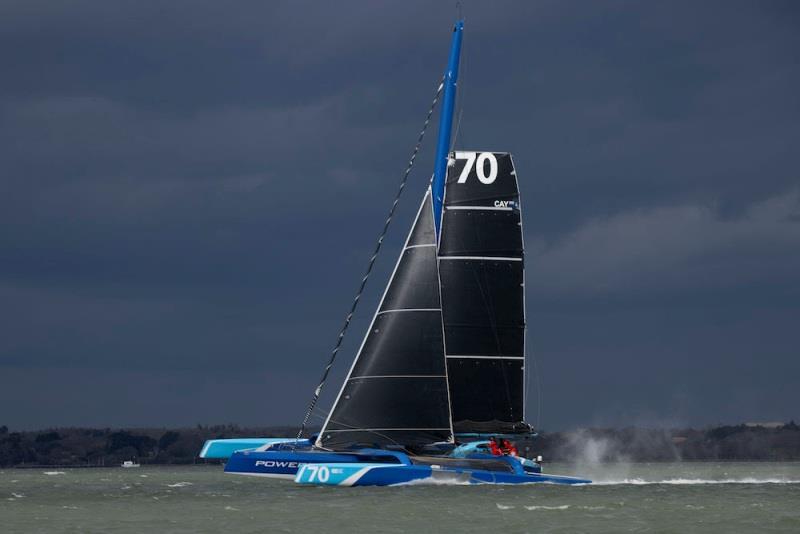 MOD70 PowerPlay racing team skippered by Peter Cunningham and Ned Collier, shown here as they started their Fastnet Course world record attempt photo copyright Lloyd Images taken at  and featuring the MOD70 class