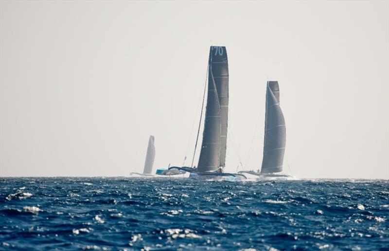 A thrilling finish is shaping up for multihull line honours between PowerPlay, Argo and Maserati photo copyright James Mitchell / RORC taken at Royal Ocean Racing Club and featuring the MOD70 class