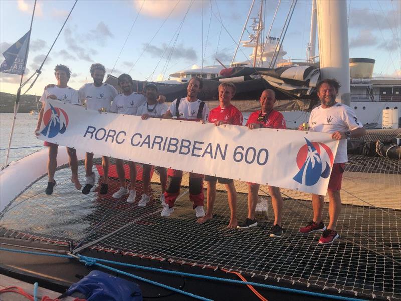 On board with Giovanni Soldini, the crew of 7 sailors, made up of Italians Guido Broggi, Vittorio Bissaro, Francesco Pedol, Matteo Soldini, Spaniard Oliver Herrera Perez, Frenchmen Gwénolé Gahinet and Thomas Joffrin - RORC Caribbean 600 - photo © Arthur Daniel / RORC