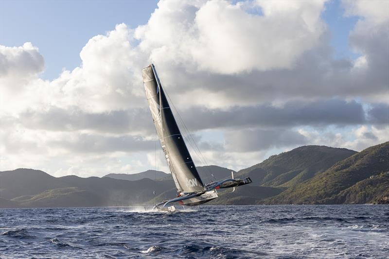 Giovanni Soldini's Multi 70 Maserati powering towards the close finish in Antigua - RORC Caribbean 600 - photo © Arthur Daniel / RORC