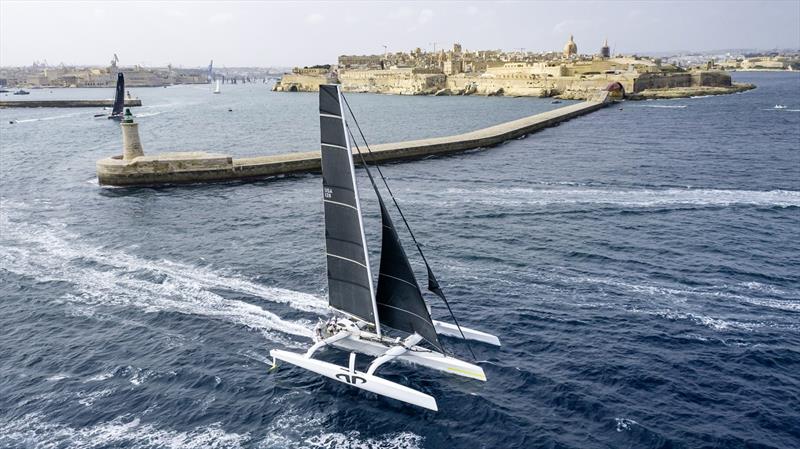 Jason Carroll's Argo, multihull line honours winner and new race record holder at the 2021 Rolex Middle Sea Race photo copyright Kurt Arrigo taken at Royal Malta Yacht Club and featuring the MOD70 class