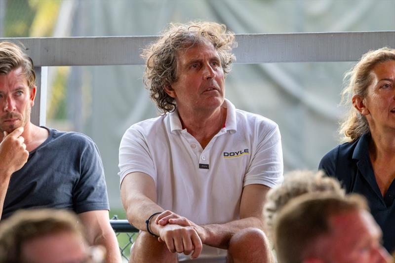 Multihull legend Brian Thompson with Final Final-Zoulou's Ned Collier-Wakefield and Dee Caffari at Saturday's skippers' briefing - photo © RORC / Tim Wright / www.Photoaction.com