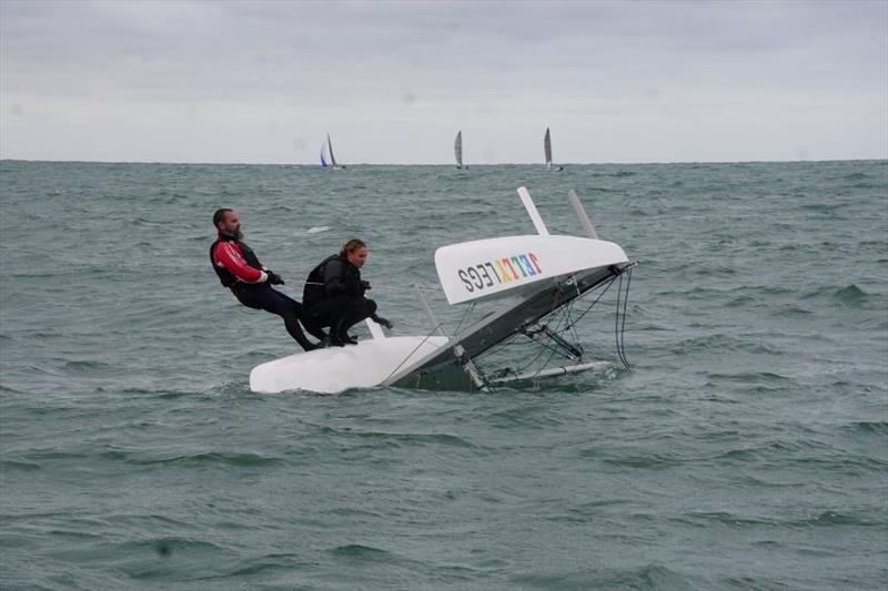 Even Sloop Rig Division champions Justin and Kalahni make mistakes, luckily it was before the start! - 49th Mosquito Catamaran Australian Championships at Victor Harbor Yacht Club - photo © Victor Harbor YC