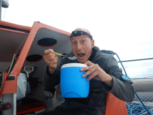 Armel Tripon refuelling on board Réaute Chocolat in the Route du Rhum-Destination Guadeloupe photo copyright Armel Tripon taken at  and featuring the Multi 50 class