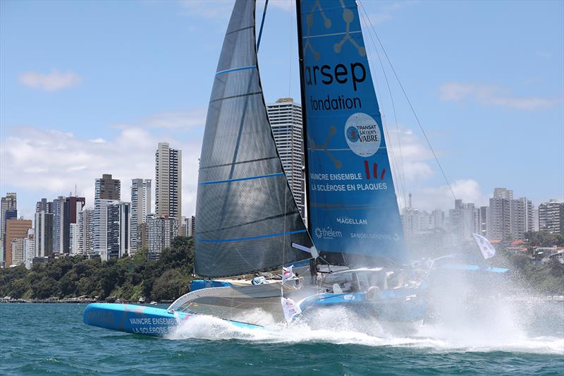 Arsep skippers Thibault Vauchel-Camus and Fred Duthil take 2nd place of the Multi 50 category of the Transat Jacques Vabre 2019, duo sailing race from Le Havre, France, to Salvador de Bahia, Brazil, on November 8, 2019 in Bahia, Brazil photo copyright Jean-Marie Liot/Alea taken at  and featuring the Multi 50 class