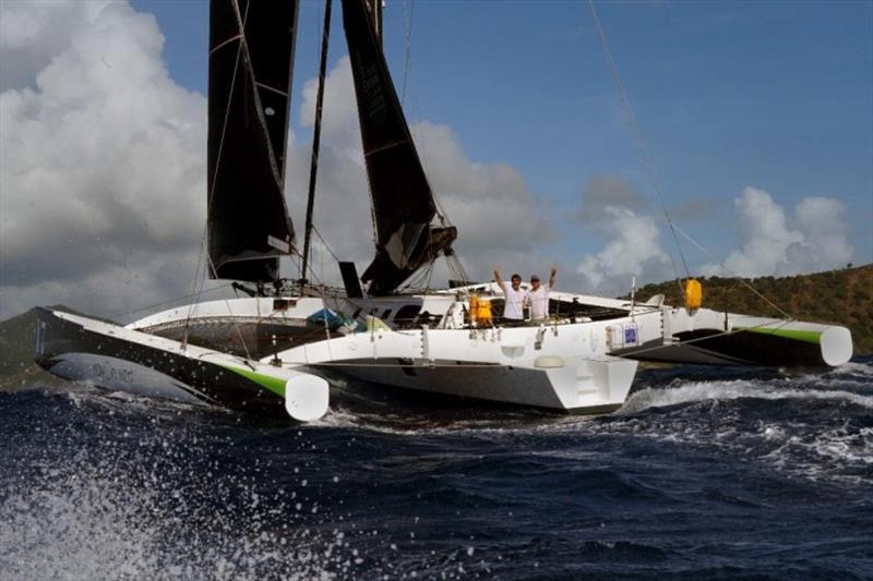 Oren Nataf's Multi50 Trimaran Rayon Vert, skippered by Alex Pella completing the RORC Transatlantic Race in an elapsed time of 9 days, 3 hours, 33 mins and 19 secs. - photo © RORC