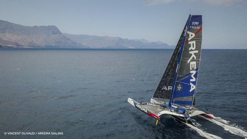 The Ocean Fifty Arkema 4 sailing in front of Gran Canaria photo copyright Vincent Olivaud / Arkema Sailing taken at  and featuring the Multi 50 class