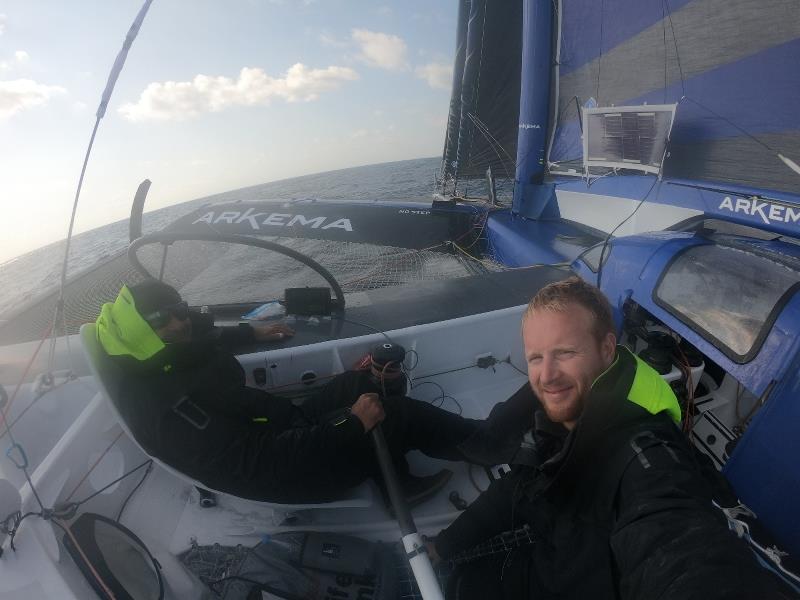 Lalou Roucayrol helming and Quentin Vlamynck on the 5th day of the Transat Jacques Vabre - photo © Quentin Vlamynck / Arkema Sport