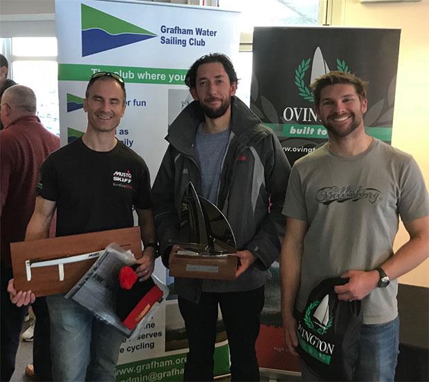 Musto Skiff Inlands Podium (l-r) Ben Schooling (2nd), Ben McGrane (1st), Dan Kilsby (3rd) photo copyright Musto Skiff class taken at Grafham Water Sailing Club and featuring the Musto Skiff class