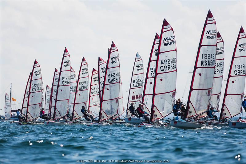 11th ACO Musto Skiff World Championships during Kiel Week, day 4 start line photo copyright Bernardí Bibiloni / www.bernardibibiloni.com taken at Kieler Yacht Club and featuring the Musto Skiff class