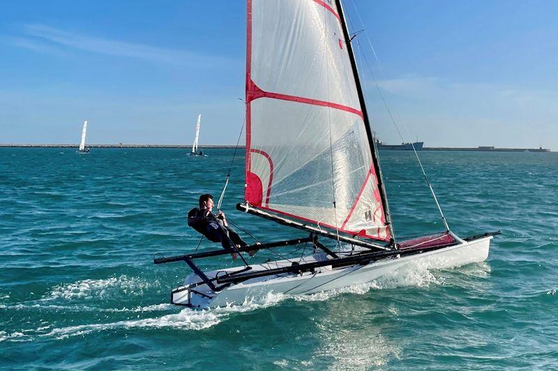 49er sailor Rhos Hawes in the Musto Skiff - Ovington Demo Weekend in Weymouth photo copyright Bill Maughan taken at Weymouth & Portland Sailing Academy and featuring the Musto Skiff class