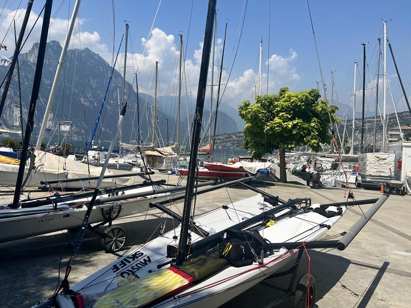 Musto Skiffs arrive at Torbole  photo copyright MSCA taken at Circolo Vela Torbole and featuring the Musto Skiff class